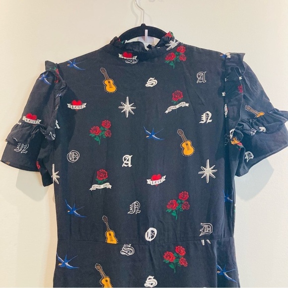 SANDRO PARIS Sz 3 (EU) US S Tattoo Print Ruffles Neckline Sleeves A-Line Dress - Picture 11 of 15